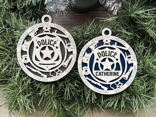 Police Shield Ornament With Icons, Available Personalized
