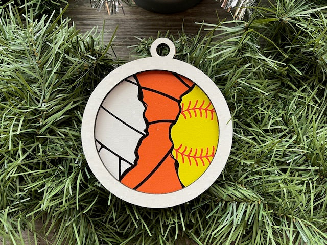 Multi Sport Ornament/ Volleyball Basketball Softball Ornament/ Blank or with Year