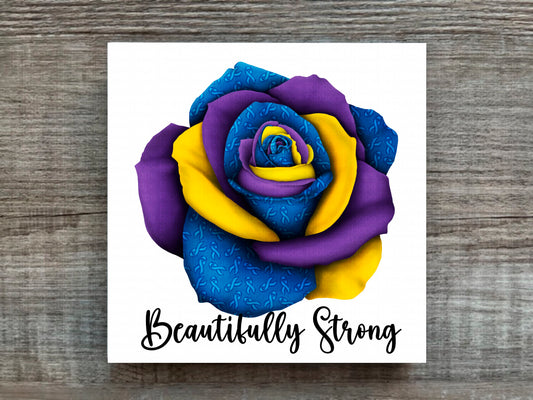 Blue Purple and Yellow Awareness Rose Beautifully Strong Plaque