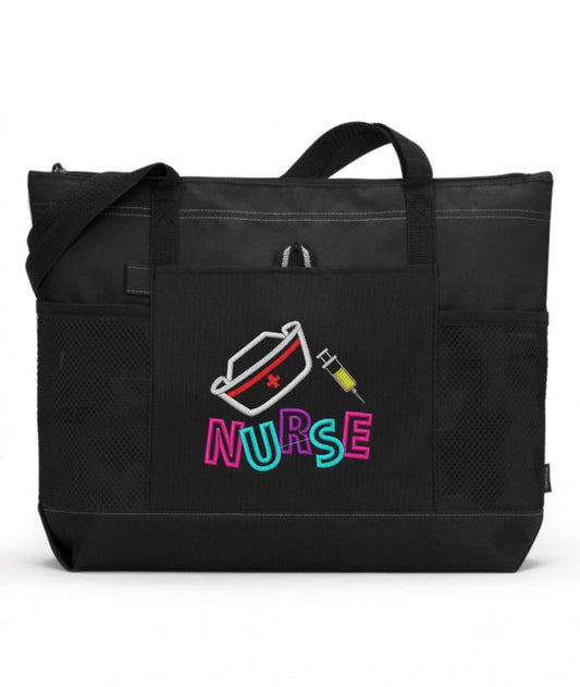 Nurse with Hat and Shot Embroidered Black Tote Bag