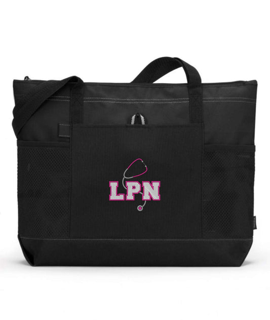 LPN with Stethoscope Embroidered Nurse Black Tote Bag, Choose Design Color