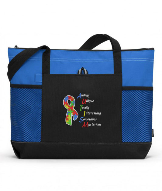 Always Unique Totally Interesting Sometimes Mysterious Embroidered Autism Tote Bag