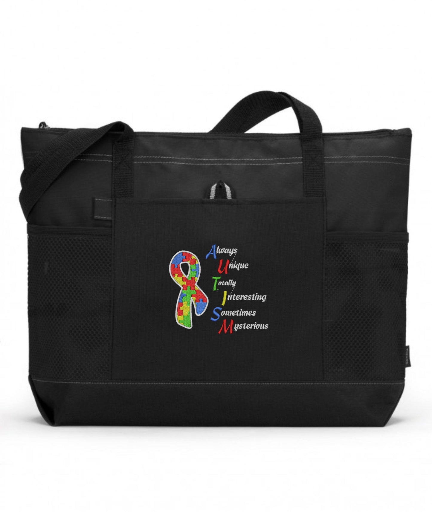 Always Unique Totally Interesting Sometimes Mysterious Embroidered Autism Tote Bag