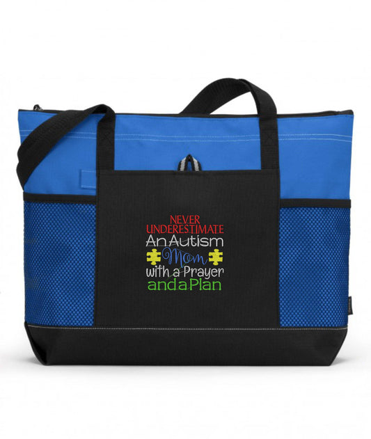 Never Underestimate An Autism Mom With A Prayer And A Plan Autism Embroidered Tote Bag