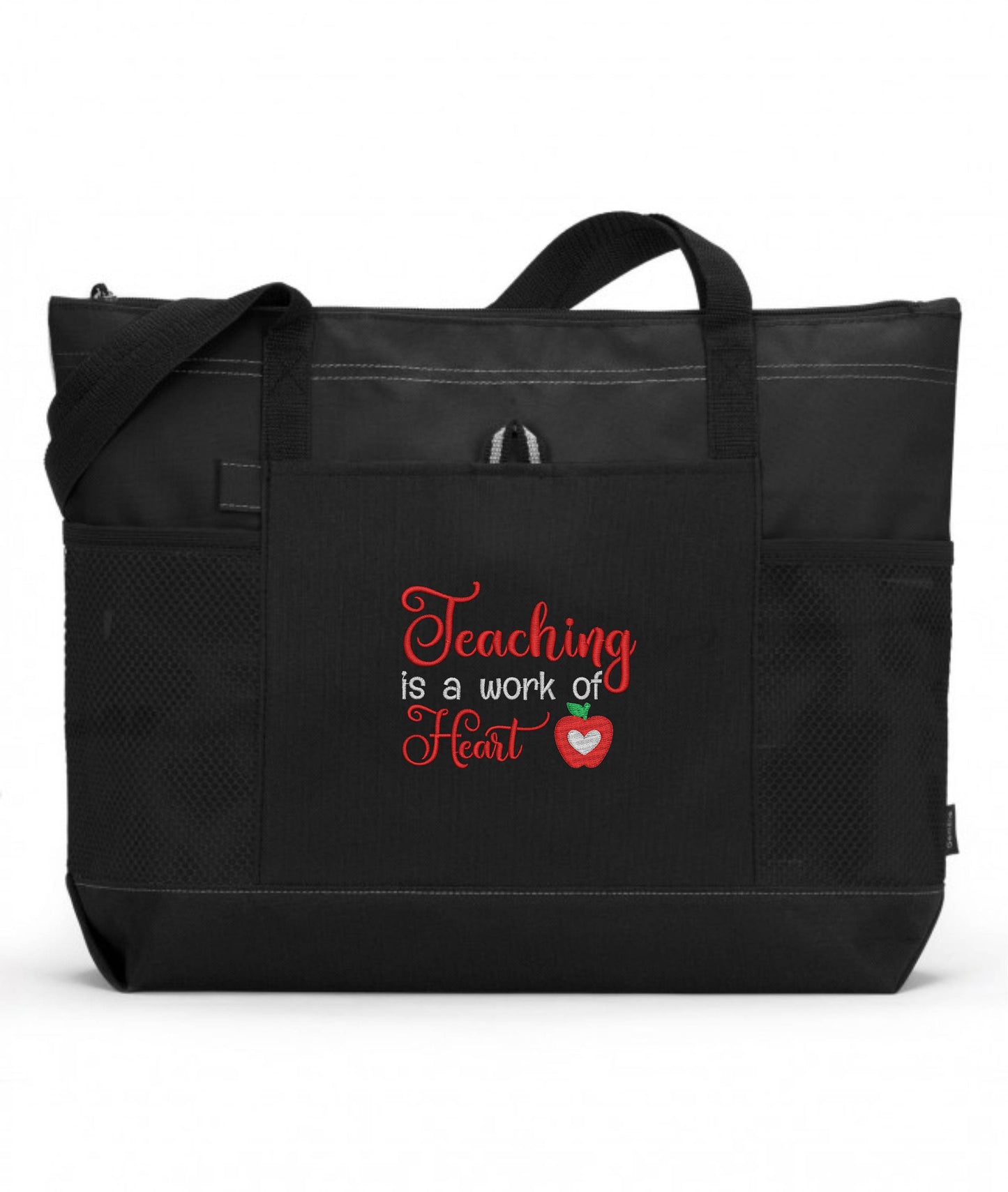 Teaching Is A Work Of Heart with Small Apple Embroidered Teacher Tote Bag