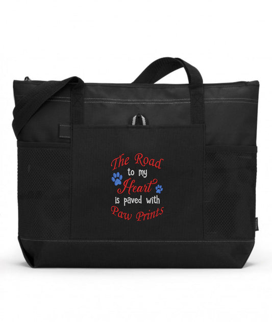 The Road To My Heart Is Paved In Paw Prints Embroidered Dog Tote Bag