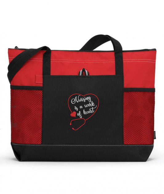 Nursing Is A Work Of Heart Embroidered Nurse Tote Bag