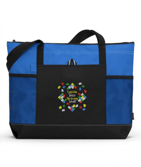 I Am His Voice He Is My World Autism Embroidered Tote Bag