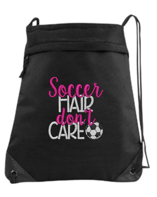 Soccer Drawstring Bag/ Embroidered Soccer Bag/ Soccer Hair Don't Care/ Soccer Cinch Drawstring Bag/ Soccer String Bag/ Soccer Gift
