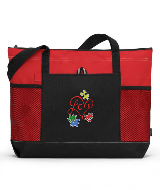 Autism Love Heart Embroidered Autism Tote Bag