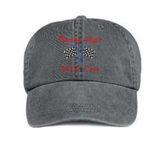 Embroidered Racing Hat/ Racing Hair Don't Care Hat/ Messy Hair Hat/ Racing Hat/ Distressed Racing Hat