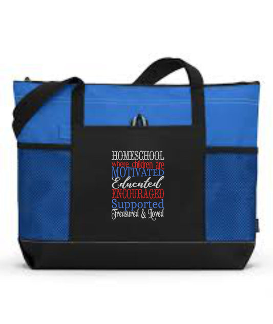 Homeschool Where Children Are Motivated Educated Encouraged Supported Embroidered Tote Bag