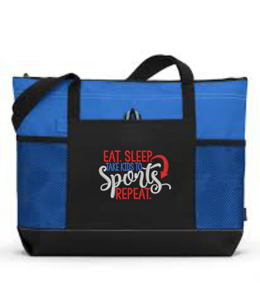 Eat Sleep Take Kids To Sport Repeat Embroidered Sports Mom Tote Bag