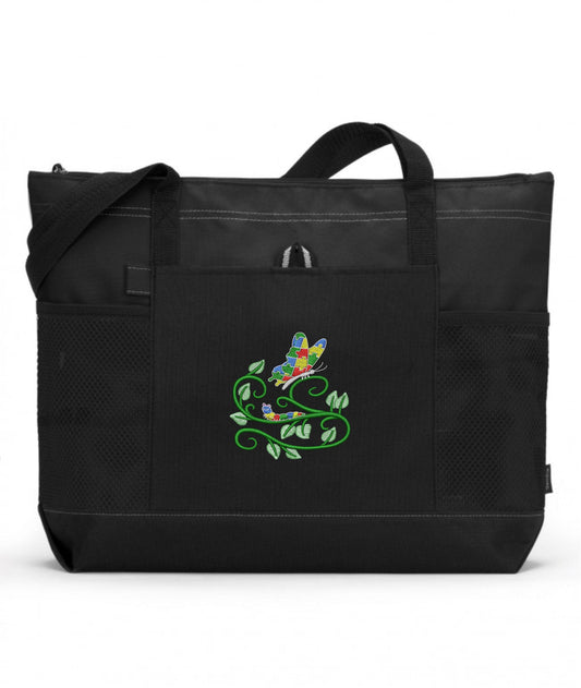 Autism Butterfly and Caterpillar Embroidered Autism Tote Bag