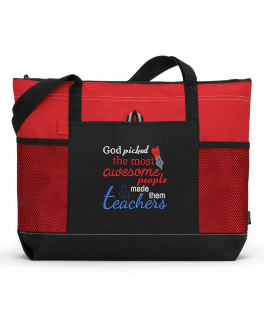God Picked The Most Awesome People and Made Them Teachers Embroidered Teacher Tote Bag