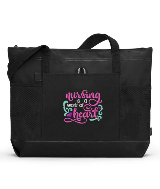 Nursing Is A Work Of Heart Embroidered Nurse Tote Bag