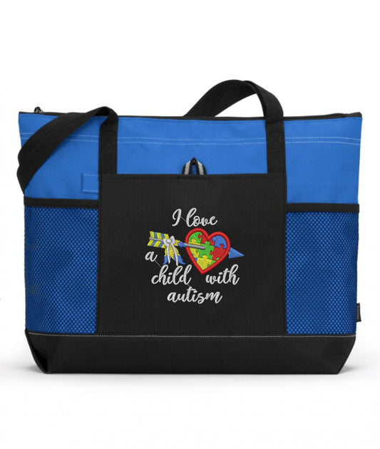 I Love A Child With Autism Embroidered Autism Tote Bag