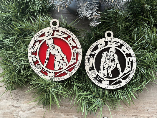 Track Ornament/ Christmas Ornaments/ Sports Ornaments/ Track Gift/ Male or Female/ Glitter or Standard Backer/ With Icons