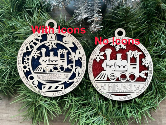 Train Ornament/ Personalized Ornaments/ Children's Ornaments/ Kids Ornaments/ Child Ornaments/Glitter or Standard Backer/ Two Styles