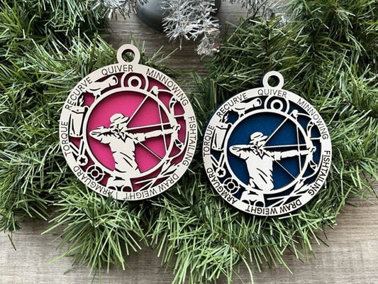 Archery Ornament/ Christmas Ornaments/ Sports Ornaments/ Archery Gift/ Male or Female/ Glitter or Standard Backer/ With Icons