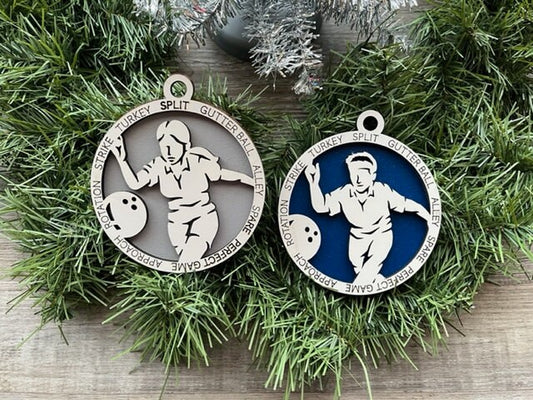 Bowling Ornament/ Christmas Ornaments/ Sports Ornaments/ Bowling Gift/ Male or Female/ Glitter or Standard Backer/ No Icons