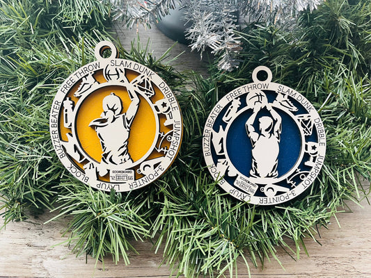 Basketball Ornament/ Christmas Ornaments/ Sports Ornaments/Basketball Gift/ Male or Female/ Glitter or Standard Backer/ With Icons