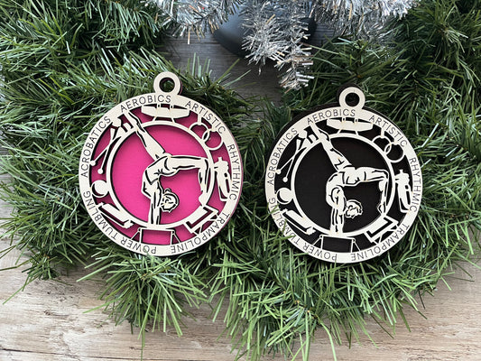 Gymnastics Ornament/ Christmas Ornaments/ Sports Ornaments/ Gymnastics Gift/ Male or Female/ Glitter or Standard Backer/ Gymnast/ With Icons