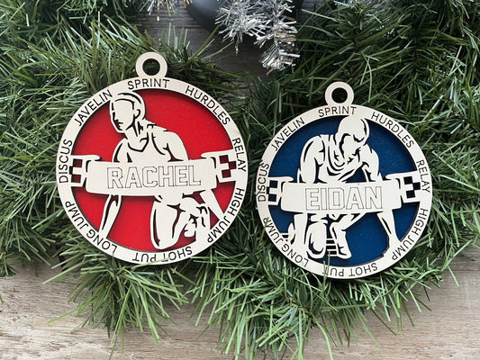 Track Ornament/ Personalized Ornaments/ Christmas Ornaments/ Sports Ornaments/ Track Gift/Male Female/Glitter or Standard Backer/ No Icons