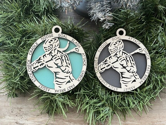 Lacrosse Ornament/ Christmas Ornaments/ Sports Ornaments/ Lacrosse Gift/ Male or Female/ Glitter or Standard Backer/ No Icons