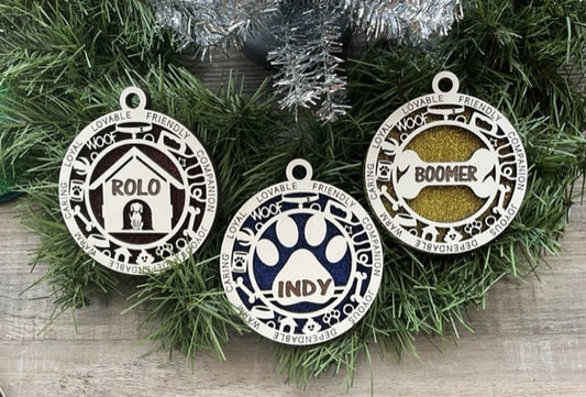 Personalized Dog Ornaments/ Dog House Ornament/ Paw Ornament/ Bone Ornament/ Christmas Dog Ornaments/ Glitter or Standard Backer/ Dog Icons