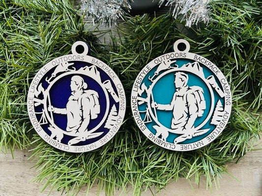 Hiking Ornament/ Christmas Ornaments/ Hiker Ornaments/ Hiking Gift/ Male or Female/ Glitter or Standard Backer/ With Icons