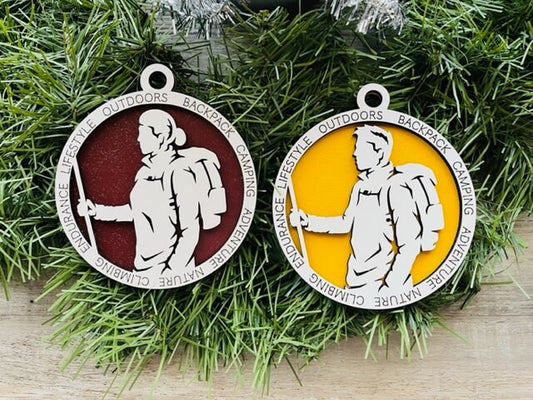 Hiking Ornament/ Christmas Ornaments/ Hiker Ornaments/ Hiking Gift/ Male or Female/ Glitter or Standard Backer/ No Icons