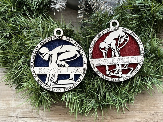 Swimming Ornament/ Personalized Ornaments/ Swimmer Ornament/ Sports Ornaments/ Swimmer Gift/ Male Female/Glitter or Standard Backer/No Icons