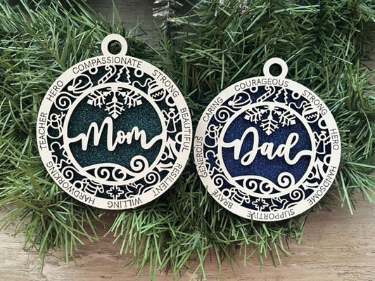 Mom Ornament/ Dad Ornament/ Parent Ornaments/ Christmas Ornament/ Mom Gift/ Dad Gift/ Parent Gift/ Glitter Ornament/ Icons