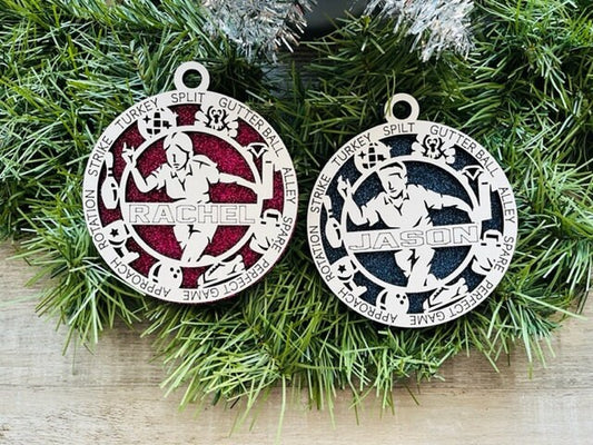 Bowling Ornament/ Personalized Ornaments/ Christmas Ornaments/ Sports Ornaments/ Bowling Gift/ Male or Female/Glitter Standard Backer/ Icons