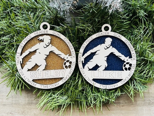 Soccer Ornament/ Soccer Goalie/ Personalized Ornaments/ Christmas Ornaments/ Soccer Gift/Male or Female/Glitter or Standard Backer/ No Icons