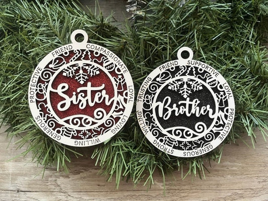 Sister Ornament/ Brother Ornament/ Sibling Ornaments/ Sister Christmas Ornament/ Brother Christmas Ornament/ Glitter Ornament/ Icons