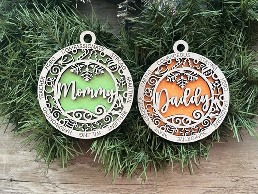 Mommy Ornament/ Daddy Ornament/ Parent Ornaments/ Christmas Ornament/ Gift for Mommy/ Gift for Daddy/ Glitter Ornament/ Icons