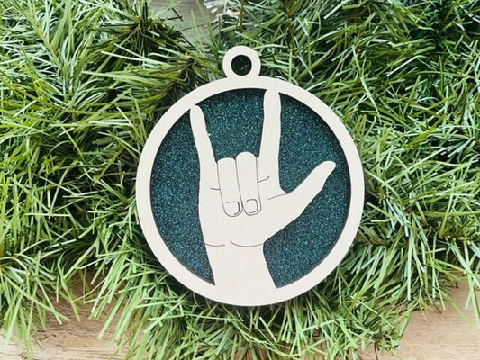 Sign Language Ornament/ ASL Ornament/ I Love You Ornament/ I Love You Sign/ ASL Gift/ Sign Language Gift/ Glitter Ornament