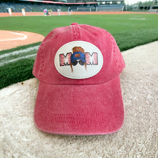 Baseball Mom Hat/ Messy Bun Mom Hat/ 3 Hair Color Options/ Colored Patch/ Baseball Mom Gift