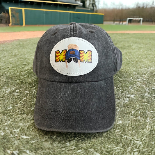 Softball Mom Hat/ Messy Bun Mom Hat/ 3 Hair Color Options/ Colored Patch/ Softball Mom Gift