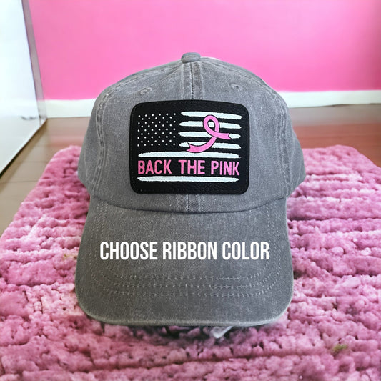 Back The Pink Hat/ Breast Cancer Hat/ Pink Awareness Ribbon/ Breast Cancer Awareness Hat/ Breast Cancer Hat/ Awareness Patch Hat