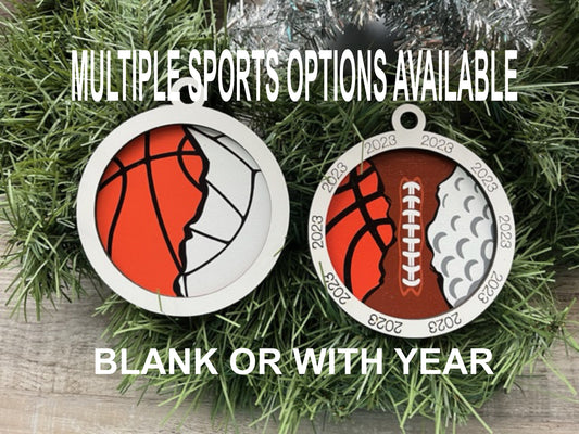 Multiple Sports Ornament/ Multi Sports Ornament/ Split Sport Ornaments/ Sports Gift/ Blank or with Year/ Many Sports Ball Options