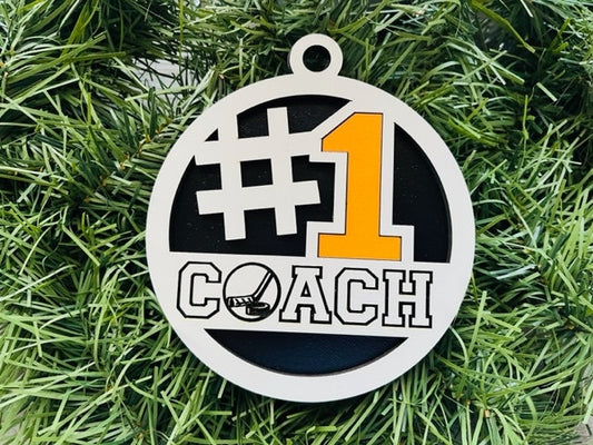 Hockey Coach Ornament/ #1 Coach Ornament/ Sports Coach/ Christmas Ornaments/ Sports Ornaments/ Choose Colors/ Coach Gift/ Gift for Coach