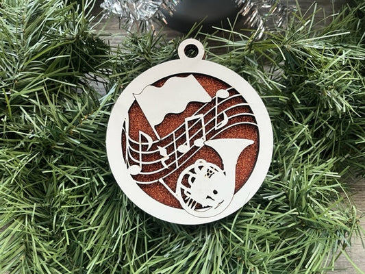 Band Ornament/ French Horn Ornament/ Christmas Ornaments/ Band Ornaments/ Band Gift/ Glitter or Standard Backer/ Available Personalized