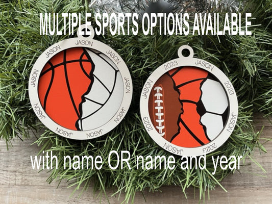 Personalized Multiple Sports Ornament/ Multi Sports Ornament/ Split Sport Ornaments/ Sports Gift/ Name Or Name and Year/ Sports Ball Options