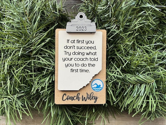 Swimming Coach Ornament/ Clipboard Coach Ornament/ Personalized Coach Ornament/ Sports Coach/ Sports Ornaments/ Coach Gift/ Saying Options