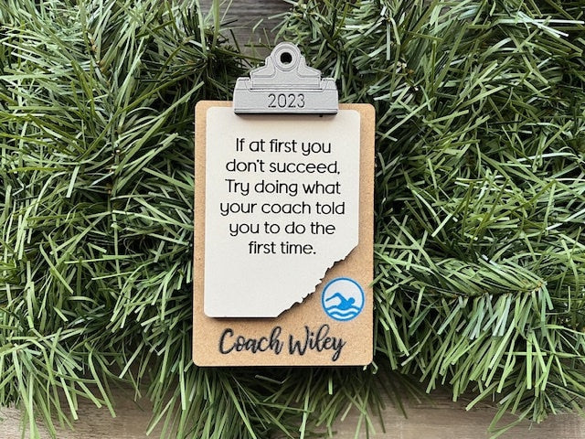 Swimming Coach Ornament/ Clipboard Coach Ornament/ Personalized Coach Ornament/ Sports Coach/ Sports Ornaments/ Coach Gift/ Saying Options