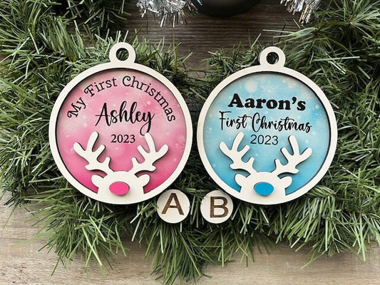Personalized First Christmas Ornament/ Baby's First Christmas Ornament/ First Christmas Ornament/ Reindeer First Christmas/ Choose Color