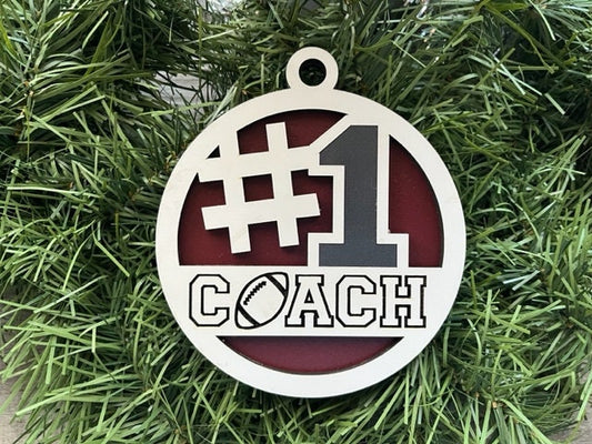 Football Coach Ornament/ #1 Coach Ornament/ Sports Coach/ Christmas Ornaments/ Sports Ornaments/ Choose Colors/ Coach Gift/ Gift for Coach